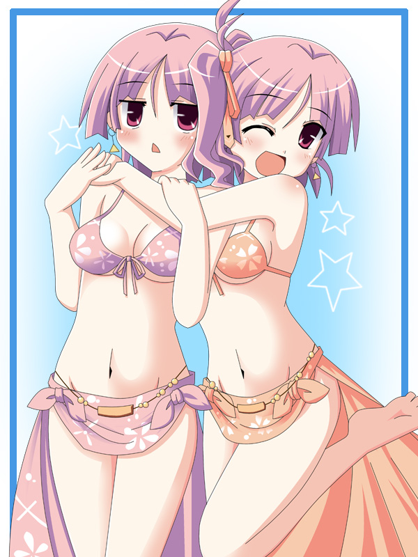 bikini_top, blush, breasts, cleavage, earrings, front-tie_top, h-kyuu_yuugekitai, hug