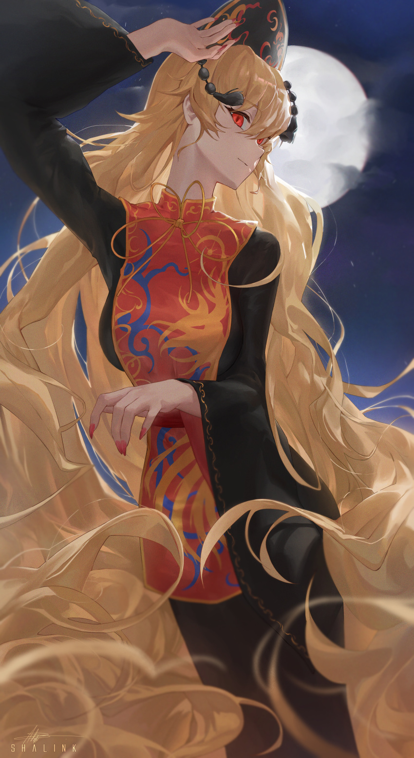 1girl, absurdres, black_tassel, blonde_hair, breasts, chinese_clothes, chinese_knot, closed_mouth, hair_ornament, hand_on_own_head, highres, junko_(touhou), large_breasts, legacy_of_lunatic_kingdom, long_hair, long_sleeves, looking_at_viewer, moon, night, night_sky, phoenix_crown, red_eyes, red_nails, shalink, sky, solo, tabard, tassel, tassel_hair_ornament, touhou, very_long_hair