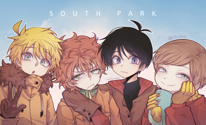 4boys, arm_around_shoulder, black_hair, blonde_hair, blue_eyes, brown_hair, copyright_name, eric_cartman