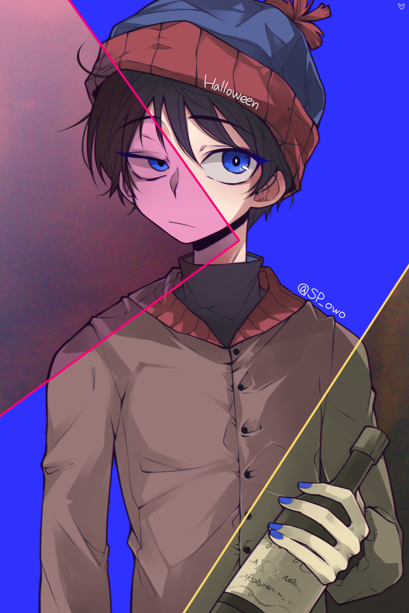 1boy, beanie, black_hair, blue_background, blue_eyes, bottle, frown, half-closed_eyes