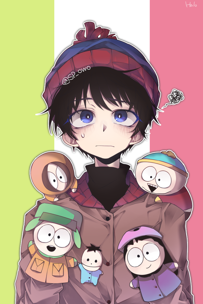 1boy, beanie, black_hair, blue_eyes, blush, colored_eyelashes, eric_cartman, frown, halloween_(owo), hand_puppet, hat, highres, ike_broflovski, jacket, kenny_mccormick, kyle_broflovski, long_sleeves, looking_up, male_focus, pom_pom_(clothes), pom_pom_beanie, puppet, short_hair, south_park, spoken_squiggle, squiggle, stan_marsh, sweat, upper_body, wendy_testaburger