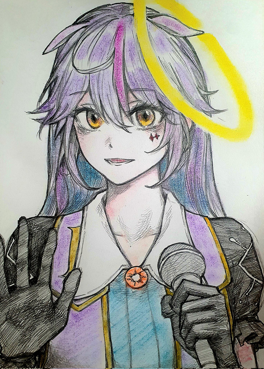 1girl, animal_ears, black_gloves, blue_hair, eye_symbol, gloves, halo, highres