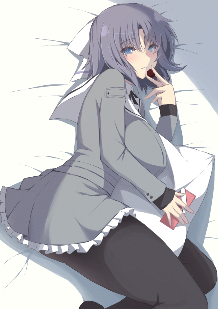 bed, blue_eyes, bow, box, breasts, chimunge, chocolate, food, gessen_academy_uniform, grey_hair, grey_jacket, hair_bow, holding, holding_box, holding_chocolate, holding_food, hugging_object, jacket, large_breasts, light_blush, looking_at_viewer, lying, medium_hair, on_bed, on_side, pantyhose, pillow, pillow_hug, sailor_collar, school_uniform, senran_kagura, smile, striped_bow, valentine, white_bow, yumi_(senran_kagura)