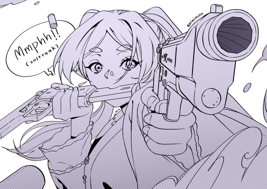 1girl, absurdres, aiming, aiming_at_viewer, amin_(aminimint), artist_name, beretta_92, black_lagoon