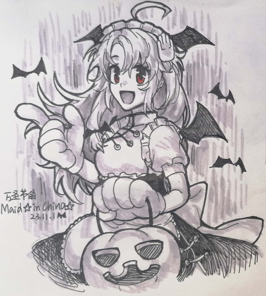 1girl, ahoge, apron, bag, bara_to_tsubaki, bat_(animal), bat_wings, character_request