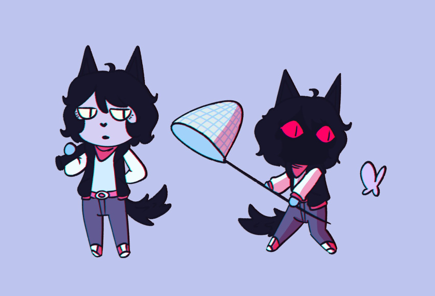 1girl, ahoge, animal_crossing, animal_ears, belt, blue_background, bug, butterfly, butterfly_net, cat_ears, cat_tail, denim, hand_net, highres, jacket, jeans, littleinksheep, neckerchief, original, pants, red_eyes, red_neckerchief, short_hair, tail