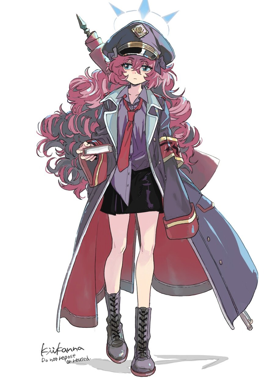 1girl, armband, black_skirt, blue_archive, blue_eyes, book, boots, coat