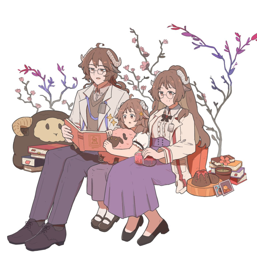 1boy, 2girls, aged_down, animal_ears, arknights, elysiium, eyjafjalla_(arknights), glasses