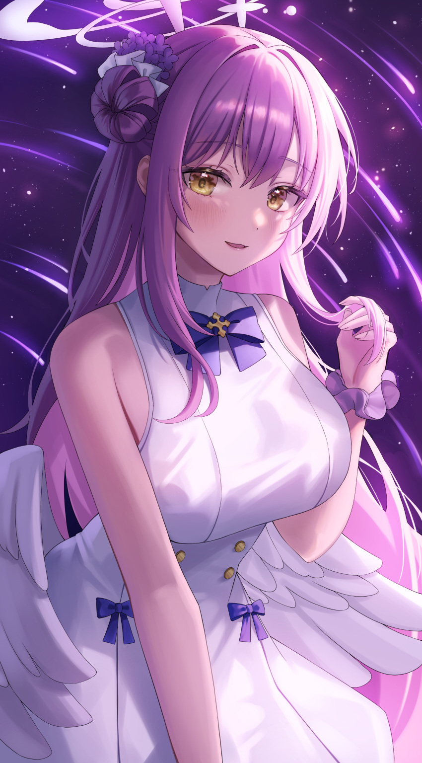 absurdres, angel_wings, blue_archive, bow, dress, highres, holding_own_hair, looking_at_viewer