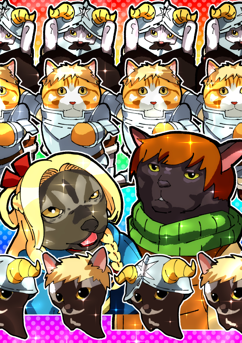 animal_focus, animalization, armor, beard, black_cat, blonde_hair, blue_capelet, brown_cat