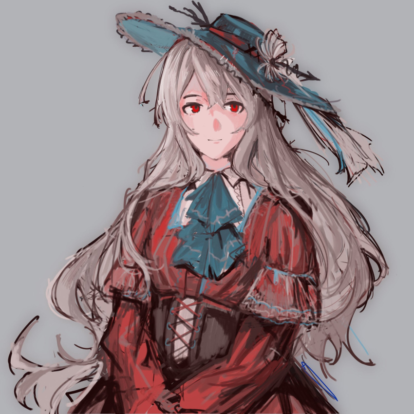 1girl, arknights, blue_headwear, fish_girl, grey_background, grey_hair, hair_between_eyes, hat, highres, lodgebert, long_hair, looking_at_viewer, red_eyes, skadi_(arknights), skadi_the_corrupting_heart_(arknights)