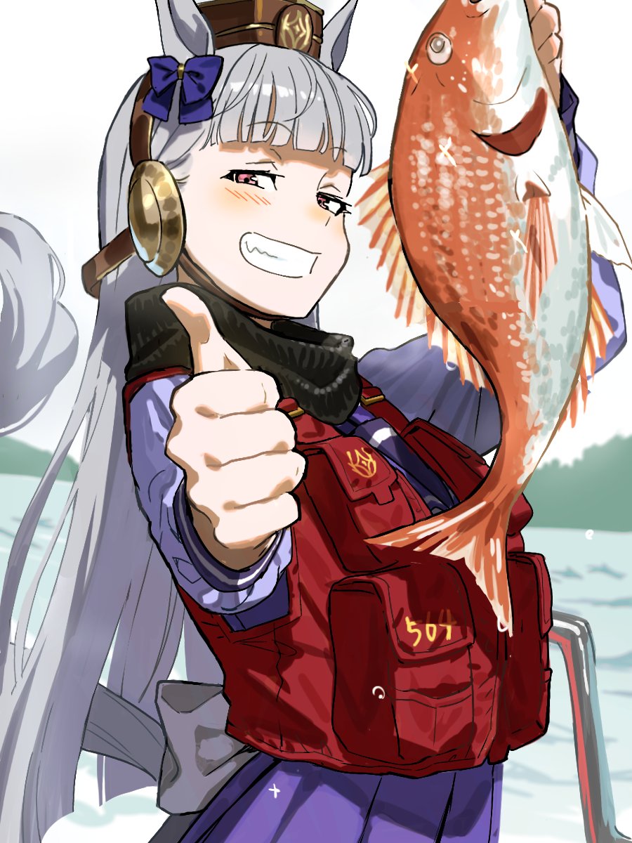 1girl, animal, animal_ears, arm_up, bass_(fish), blunt_bangs, blush, brown_headwear, fish, gold_ship_(umamusume), grey_hair, grin, hat, highres, holding, holding_animal, holding_fish, horse_ears, horse_girl, horse_tail, koppe_koppe, long_hair, long_sleeves, looking_at_viewer, looking_to_the_side, outdoors, outstretched_arm, pink_eyes, pouch, purple_shirt, purple_skirt, reaching, reaching_towards_viewer, red_vest, school_uniform, shirt, skirt, smile, solo, standing, tail, thumbs_up, tracen_school_uniform, umamusume, upper_body, vest, water
