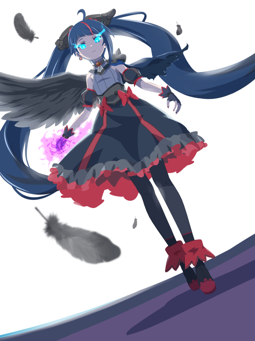 1girl, 32zzz, ankle_boots, armor, black_dress, black_footwear, black_nails, black_thighhighs, black_wings, blue_cape, blue_eyes, blue_hair, boots, bow, brooch, cape, closed_mouth, commentary, cure_sky, cut_bangs, dark_cure_sky, dark_persona, detached_sleeves, dress, dress_bow, dutch_angle, english_commentary, expressionless, feathered_wings, fingerless_gloves, frilled_dress, frills, gloves, glowing, glowing_eyes, glowing_fist, grey_dress, grey_gloves, highres, hirogaru_sky!_precure, jewelry, long_hair, looking_at_viewer, magical_girl, medium_dress, multicolored_hair, pantyhose, pauldrons, precure, puffy_detached_sleeves, puffy_sleeves, revision, short_dress, shoulder_armor, single_pauldron, single_sidelock, single_wing, sleeveless, sleeveless_dress, solo, sora_harewataru, spiked_pauldrons, standing, streaked_hair, thigh-highs, torn_cape, torn_clothes, twintails, two-tone_dress, very_long_hair, wing_brooch, wing_hair_ornament, wings