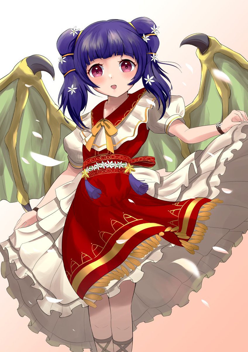 1girl, :d, bad_dobbyyyyy, blunt_bangs, dragon_wings, dress, fire_emblem, fire_emblem:_the_sacred_stones, fire_emblem_heroes, flower, hair_flower, hair_ornament, highres, layered_dress, looking_at_viewer, myrrh_(fire_emblem), myrrh_(valentine)_(fire_emblem), official_alternate_costume, open_mouth, puffy_short_sleeves, puffy_sleeves, purple_hair, red_dress, red_eyes, short_sleeves, skirt_hold, smile, solo, twintails, white_dress, wings