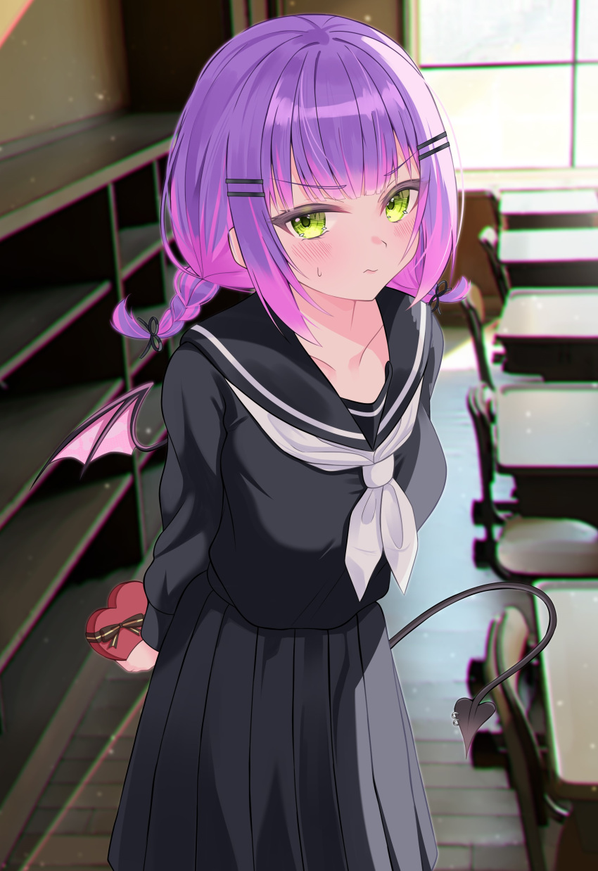 1girl, absurdres, alternate_costume, black_shirt, black_skirt, blush, box, box_of_chocolates, braid, demon_girl, demon_tail, demon_wings, green_eyes, heart-shaped_box, highres, holding, holding_box, hololive, kanna_hm33, looking_at_viewer, medium_hair, multicolored_hair, piercing, pink_hair, purple_hair, school_uniform, shirt, skirt, solo, streaked_hair, tail, tail_ornament, tail_piercing, tokoyami_towa, twin_braids, virtual_youtuber, wings