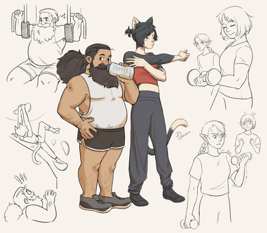 1boy, 3girls, alternate_costume, alternate_hairstyle, animal_ears, beard, belly, brown_hair