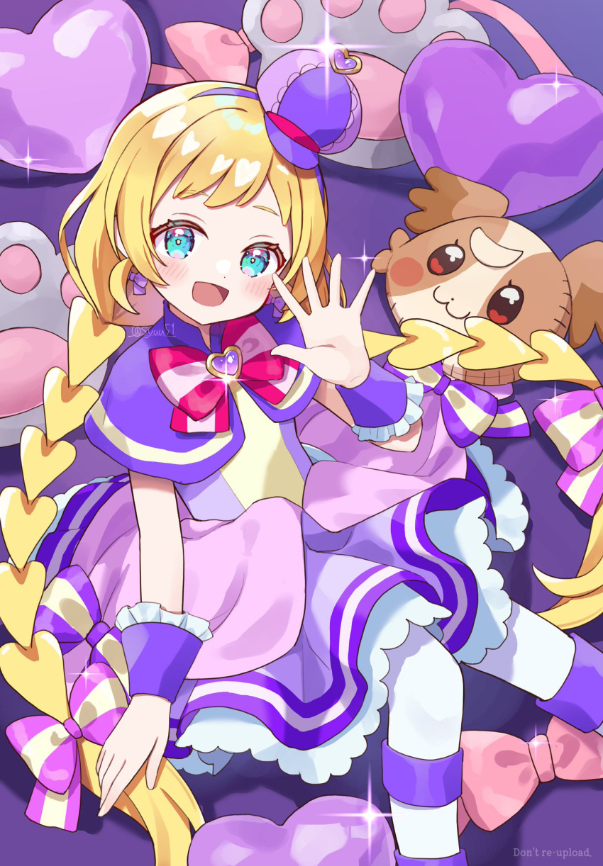 1girl, blonde_hair, blue_eyes, boots, bow, bowtie, brooch, capelet, commentary, cure_friendy, dress, earrings, hair_bow, hairband, hat, hat_ornament, heart, heart_brooch, heart_hat_ornament, highres, inukai_komugi_(dog), jewelry, long_hair, looking_at_viewer, low_twintails, magical_girl, mini_hat, open_mouth, pantyhose, petticoat, precure, purple_bow, purple_capelet, purple_dress, purple_footwear, purple_hairband, purple_headwear, red_bow, red_bowtie, short_dress, shuu_(mniarnoakou), sitting, smile, solo, sparkle, stuffed_animal, stuffed_dog, stuffed_toy, tanezaki_atsumi, tilted_headwear, twintails, twitter_username, very_long_hair, waving, white_pantyhose, wonderful_precure!, wrist_cuffs