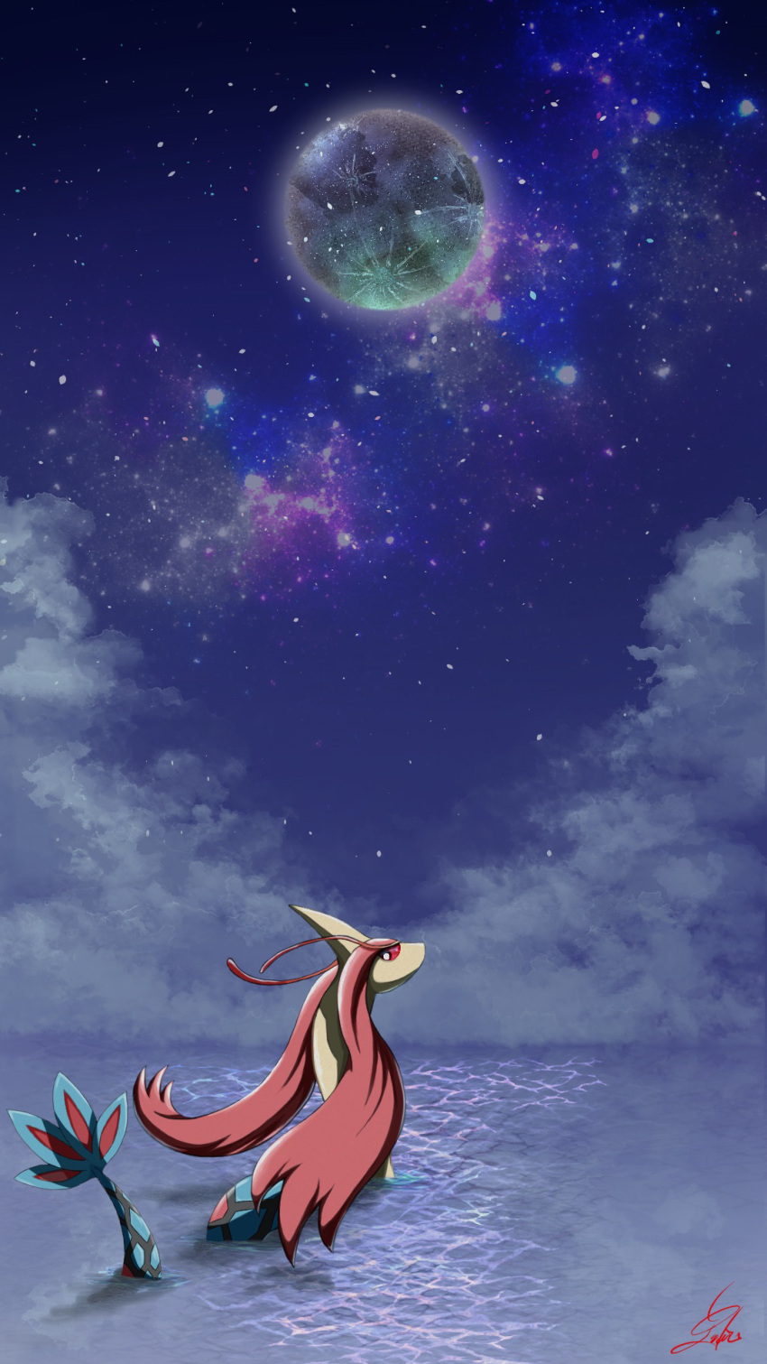 animal_focus, artist_name, clouds, colored_sclera, commentary, full_moon, highres, looking_at_viewer, looking_back, milotic, moon, night, no_humans, numeito, ocean, outdoors, partially_submerged, pokemon, pokemon_(creature), purple_sky, red_sclera, scenery, signature, sky, solo, star_(sky), starry_sky, water, white_eyes, wide_shot