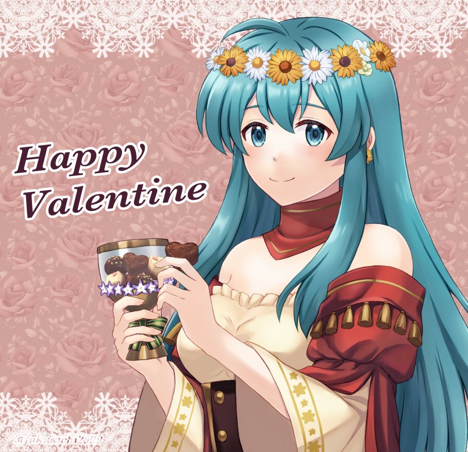 1girl, aqua_eyes, aqua_hair, bare_shoulders, candy, chocolate, closed_mouth, commentary_request, cup, dress, earrings, eirika_(fire_emblem), eirika_(valentine)_(fire_emblem), fire_emblem, fire_emblem:_the_sacred_stones, fire_emblem_heroes, floral_background, flower, flower_earrings, food, fukukichi2529, hair_flower, hair_ornament, happy_valentine, heart, heart-shaped_chocolate, holding, holding_chocolate, holding_cup, holding_food, jewelry, long_hair, long_sleeves, looking_at_viewer, off-shoulder_dress, off_shoulder, sidelocks, smile, solo, upper_body, wide_sleeves
