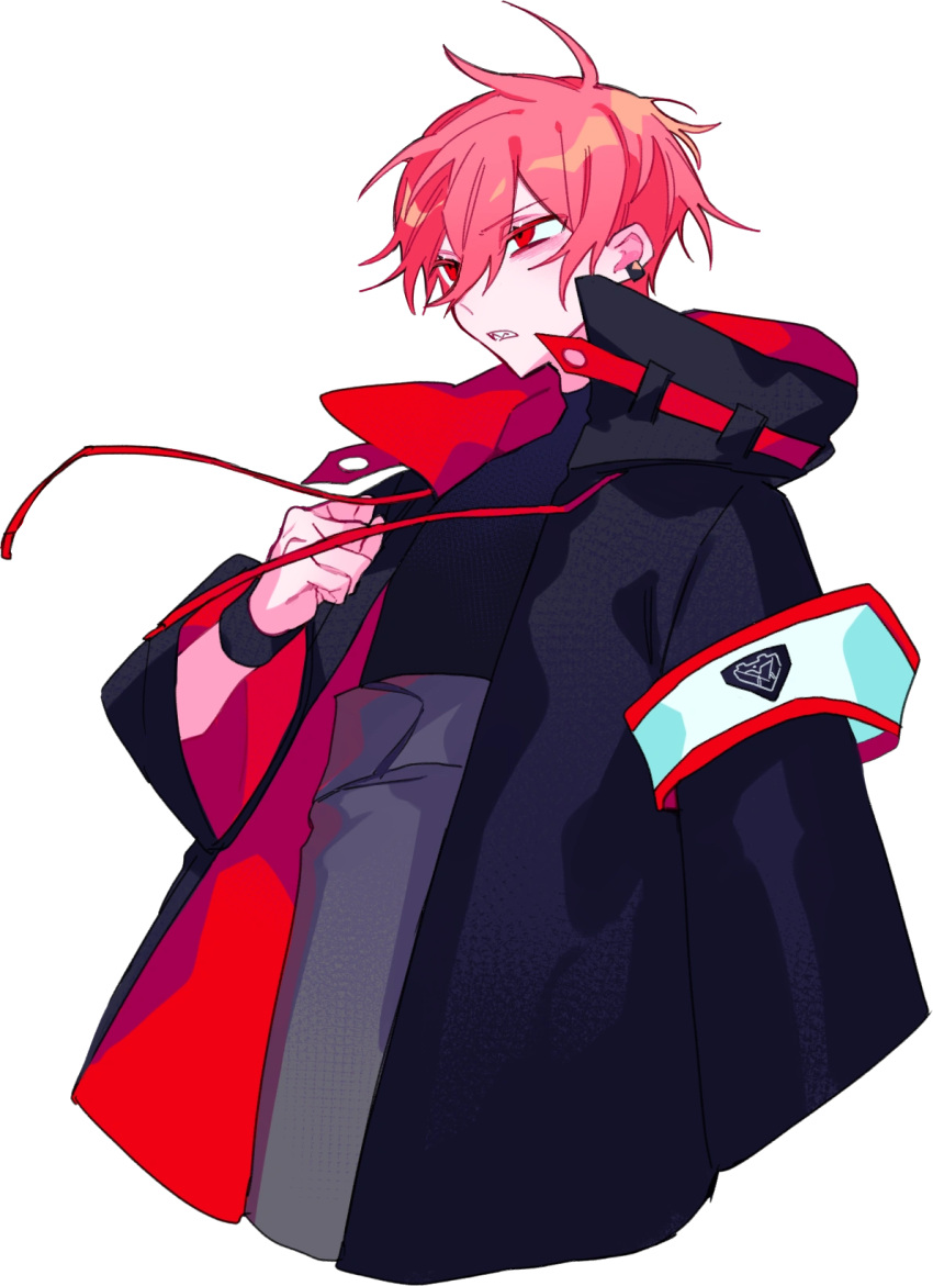 1boy, armband, baggy_pants, black_armband, black_jacket, black_shirt, clenched_hand, earrings