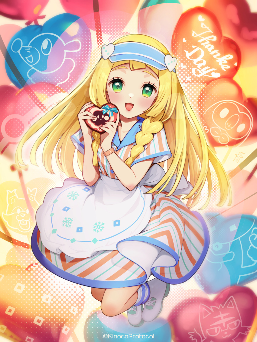 1girl, :d, apron, balloon, blonde_hair, blue_headwear, braid, candice_(palentine's_2024)_(pokemon)