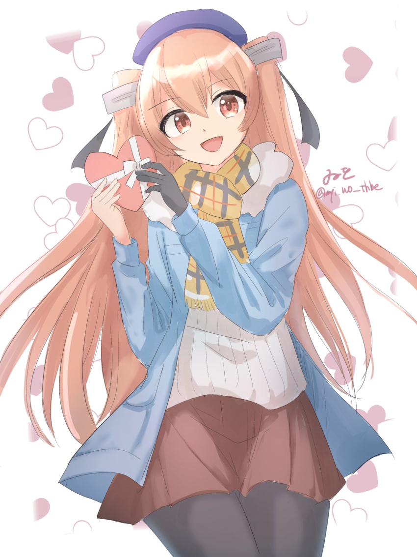 1girl, beret, black_gloves, black_pantyhose, blue_coat, blue_headwear, box, brown_eyes