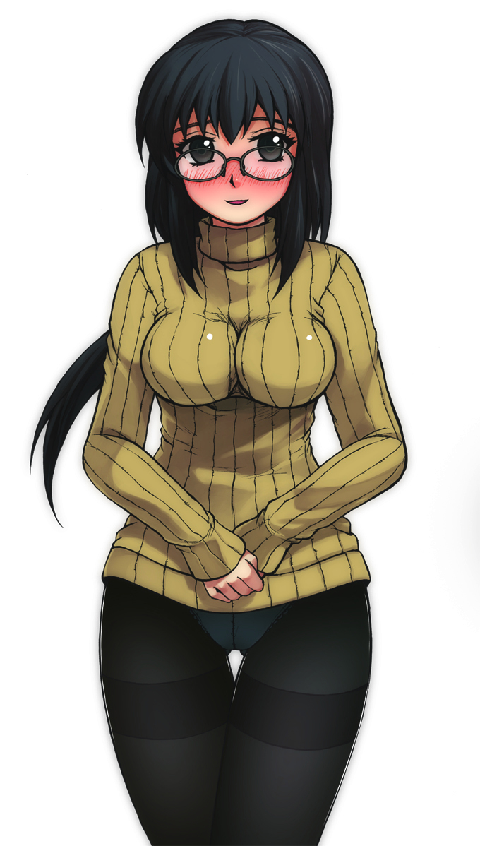 1girl, aiba-tsukiko, black_hair, black_pantyhose, blush, curvy, full-face_blush, glasses