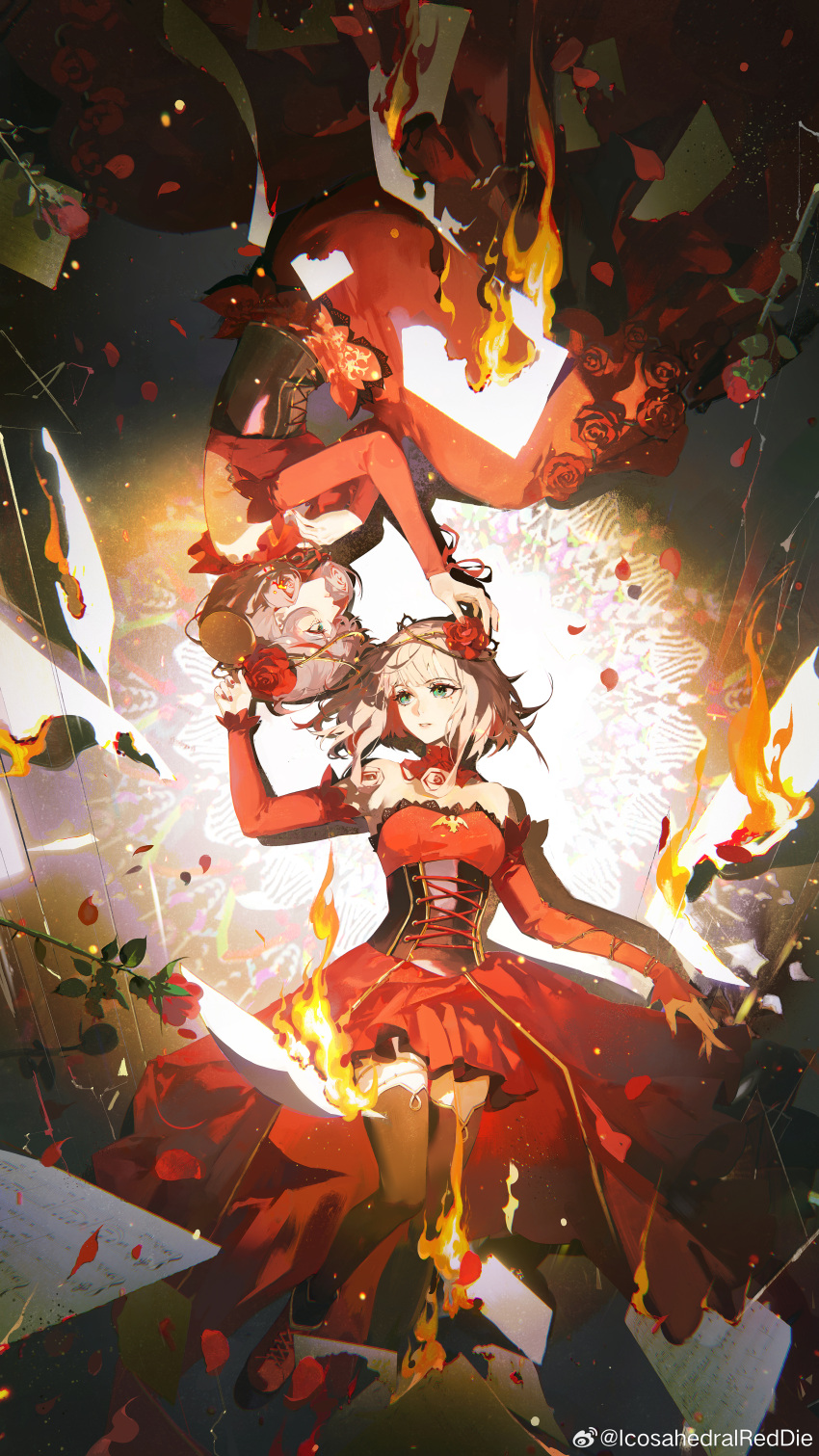 2girls, absurdres, anna_schneider, aqua_eyes, bare_shoulders, black_corset, black_thighhighs, burning