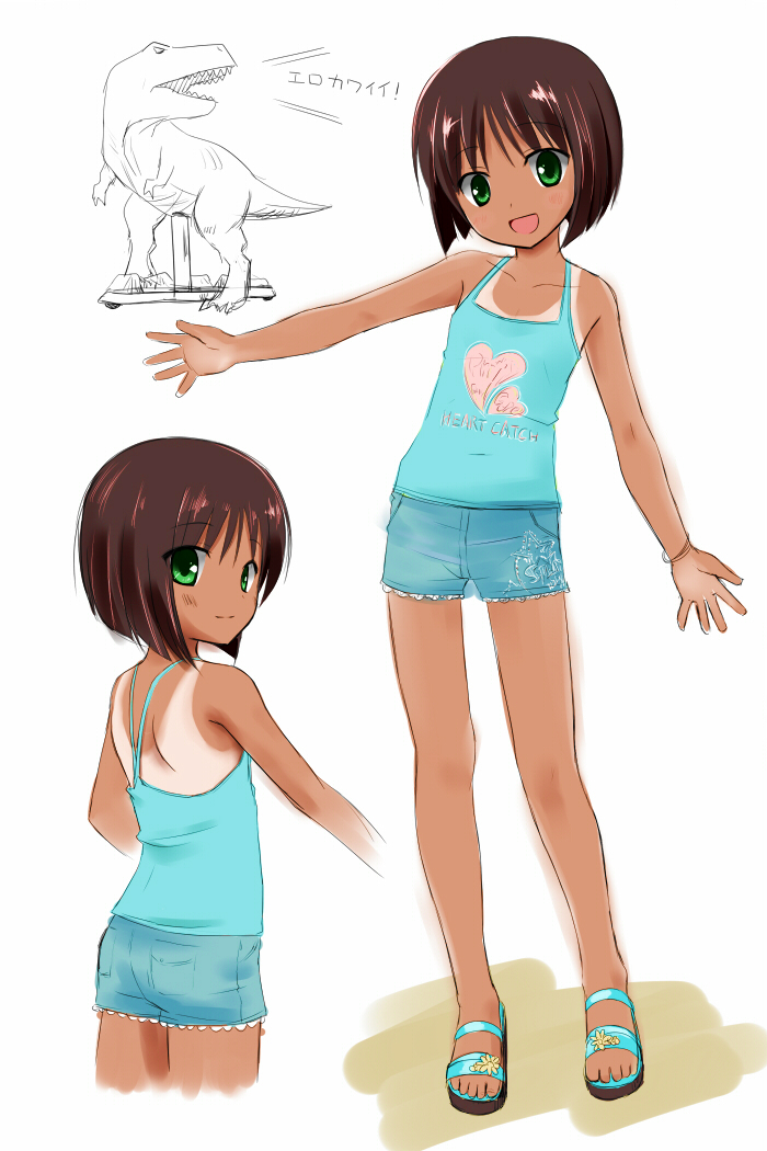 brown_hair, child, dinosaur, green_eyes, original, outstretched_arms, sandals, shorts