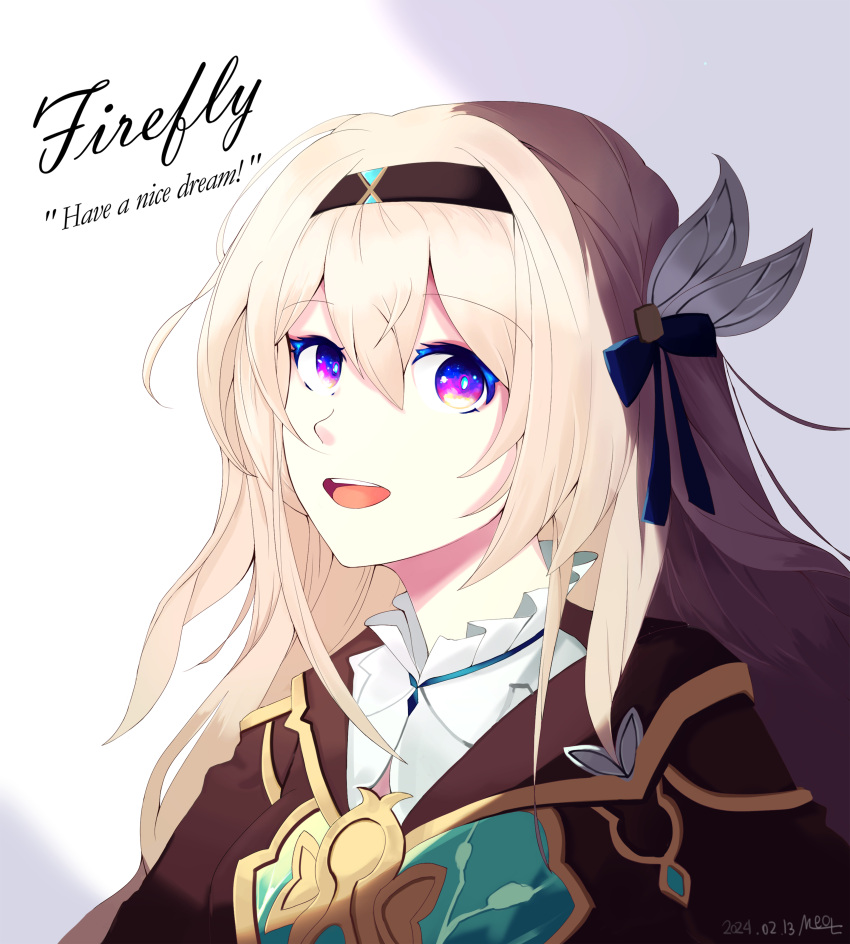 1girl, :d, absurdres, black_hairband, black_jacket, blue_pupils, blue_ribbon, bow