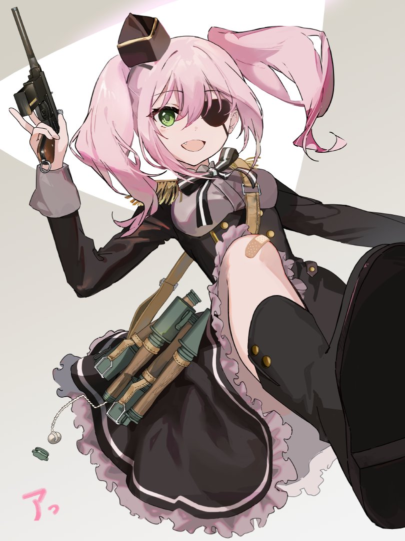 1girl, annette_(spy_kyoushitsu), black_dress, dress, eyepatch, green_eyes, gun, holding