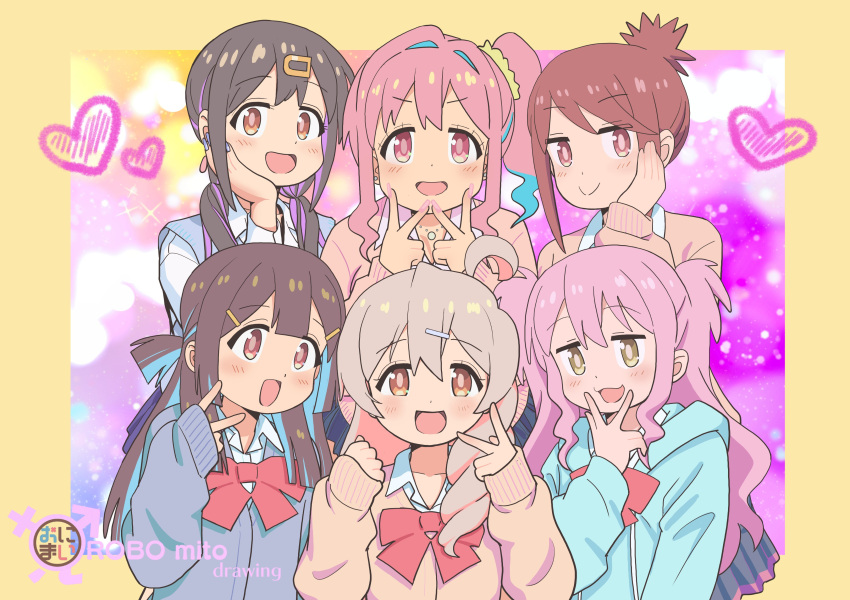 6+girls, :3, :d, absurdres, artist_name, black_hair, blue_hair, blue_hoodie