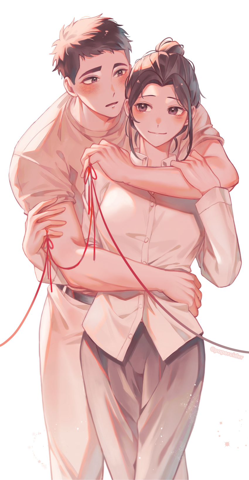 1boy, 1girl, black_pants, brown_eyes, brown_hair, closed_mouth, finger_ribbon, highres