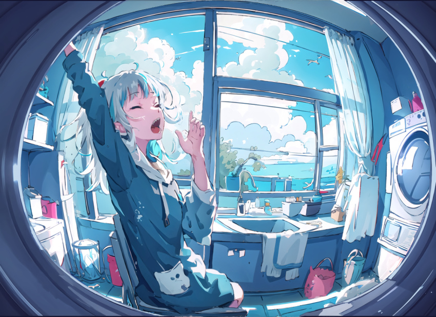 1girl, ahoge, ai-assisted, arm_up, b74, blue_hair, blue_hoodie, blue_sky, bottle, chair, chinese_commentary, closed_eyes, clouds, cloudy_sky, commentary_request, curtains, day, drawstring, english_commentary, fisheye, gawr_gura, hand_up, hololive, hololive_english, hood, hoodie, indoors, long_sleeves, medium_hair, messy_hair, mixed-language_commentary, multicolored_hair, ocean, open_mouth, scenery, shark_girl, sharp_teeth, shelf, sink, sitting, sky, solo, streaked_hair, stretching, teeth, towel, trash_can, two-tone_hair, upper_teeth_only, virtual_youtuber, washing_machine, water, white_hair, window, yawning
