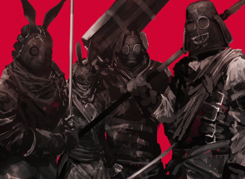 1girl, 3boys, armor, battle_maniac_of_the_black_rabbit_brotherhood, breastplate, bucket, cowboy_shot, eccentric_of_the_black_rabbit_brotherhood