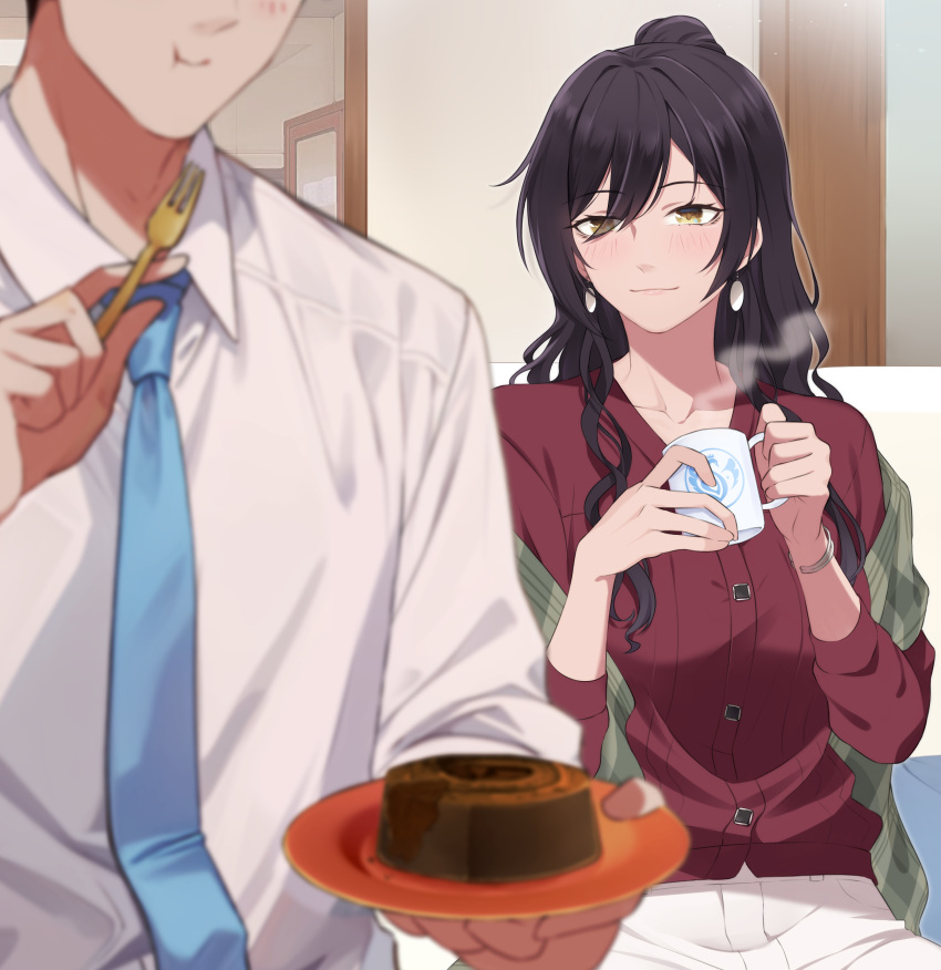 1boy, 1girl, absurdres, blue_necktie, blush, cup, eating, faceless