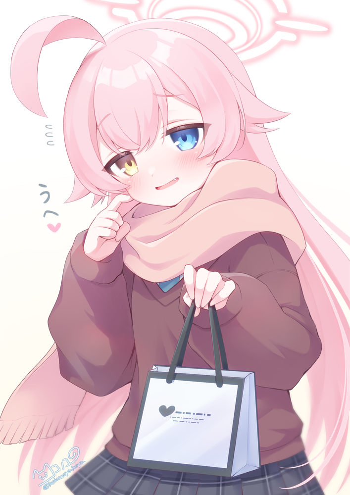 1girl, ahoge, bag, black_skirt, blue_archive, blue_eyes, blue_necktie, blush