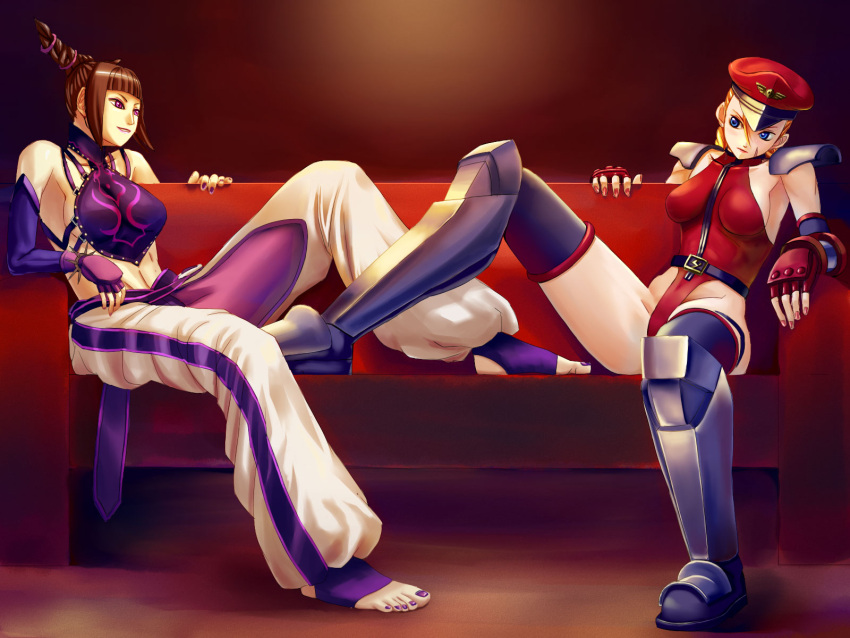 alternate_costume, cammy_white, cosplay, couch, edexigerero, han_juri, highres, leotard, multiple_girls, street_fighter, street_fighter_iv, thighhighs, vega, vega_(cosplay)