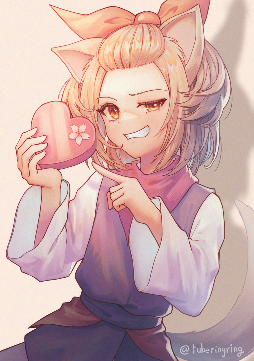 1girl, animal_ears, ash_blossom_&amp;_joyous_spring, bow, box, brown_hair, chocolate, dog_ears, dog_girl, duel_monster, gift, heart-shaped_box, highres, holding, japanese_clothes, long_sleeves, looking_at_viewer, ribbon, short_hair, smile, solo, tail, tuberingring, valentine, yu-gi-oh!