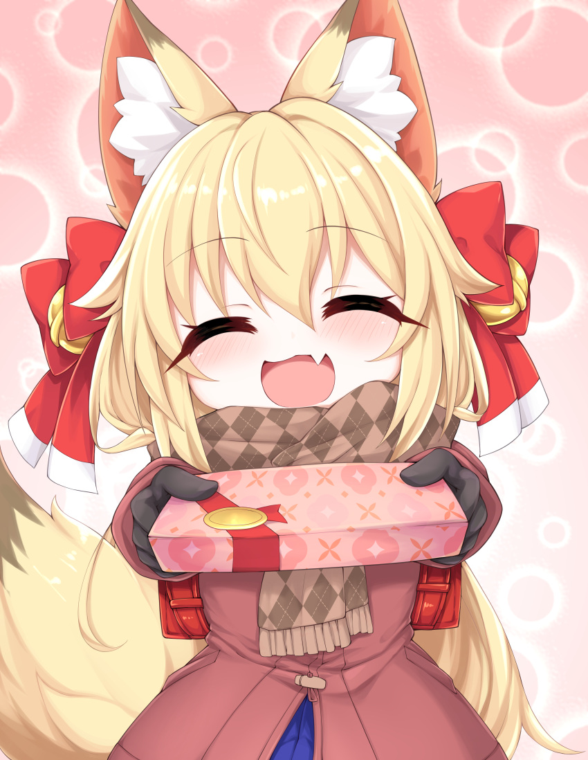 1girl, ^_^, absurdres, animal_ear_fluff, animal_ears, bell, black_gloves, blonde_hair, box, box_of_chocolates, brown_scarf, closed_eyes, coat, commentary_request, facing_viewer, fang, fox_ears, fox_girl, fox_tail, gloves, hair_bell, hair_between_eyes, hair_ornament, hair_ribbon, highres, jingle_bell, kinomiki_nobori, long_hair, open_mouth, original, plaid, plaid_scarf, red_coat, red_ribbon, ribbon, scarf, skin_fang, solo, tail