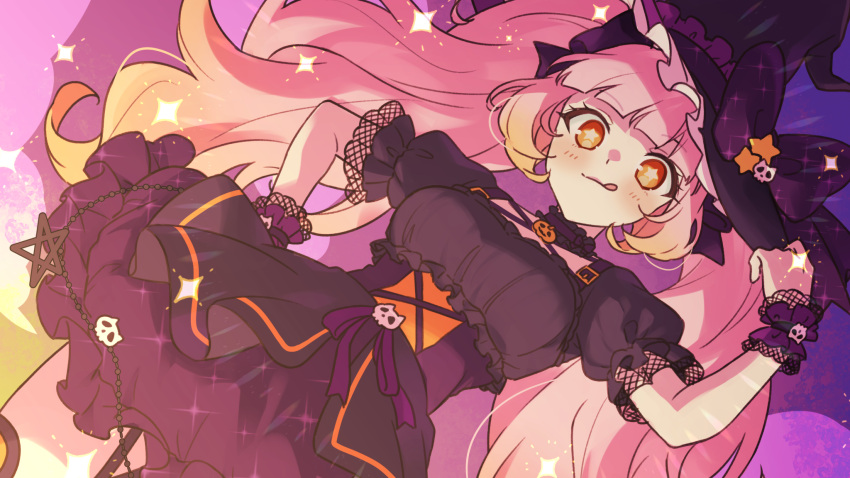 1girl, :q, arm_up, black_dress, black_headwear, blunt_bangs, blush, bow