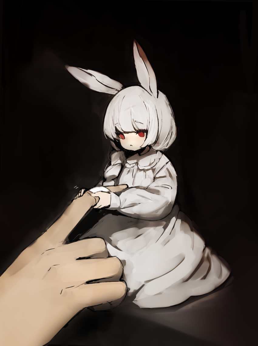 1girl, 1other, albino, animal_ears, bandaid, black_background, blunt_bangs, braid
