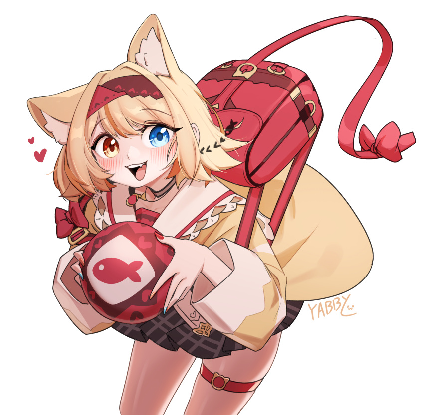 1girl, animal_ears, bag, ball, black_survival, blonde_hair, blue_eyes, blush