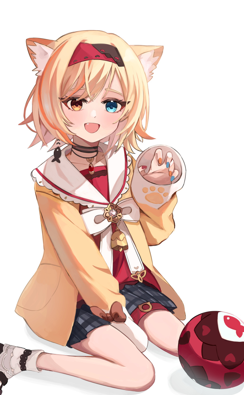 1girl, absurdres, animal_ears, ball, black_survival, blonde_hair, blue_eyes, cat_ears