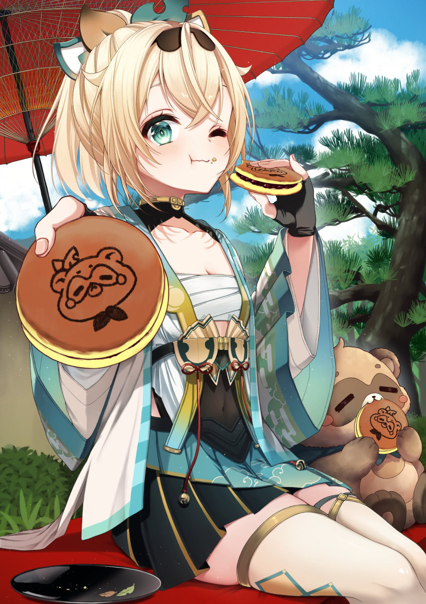 1girl, absurdres, blonde_hair, blue_sky, chest_sarashi, clouds, commentary_request, dorayaki