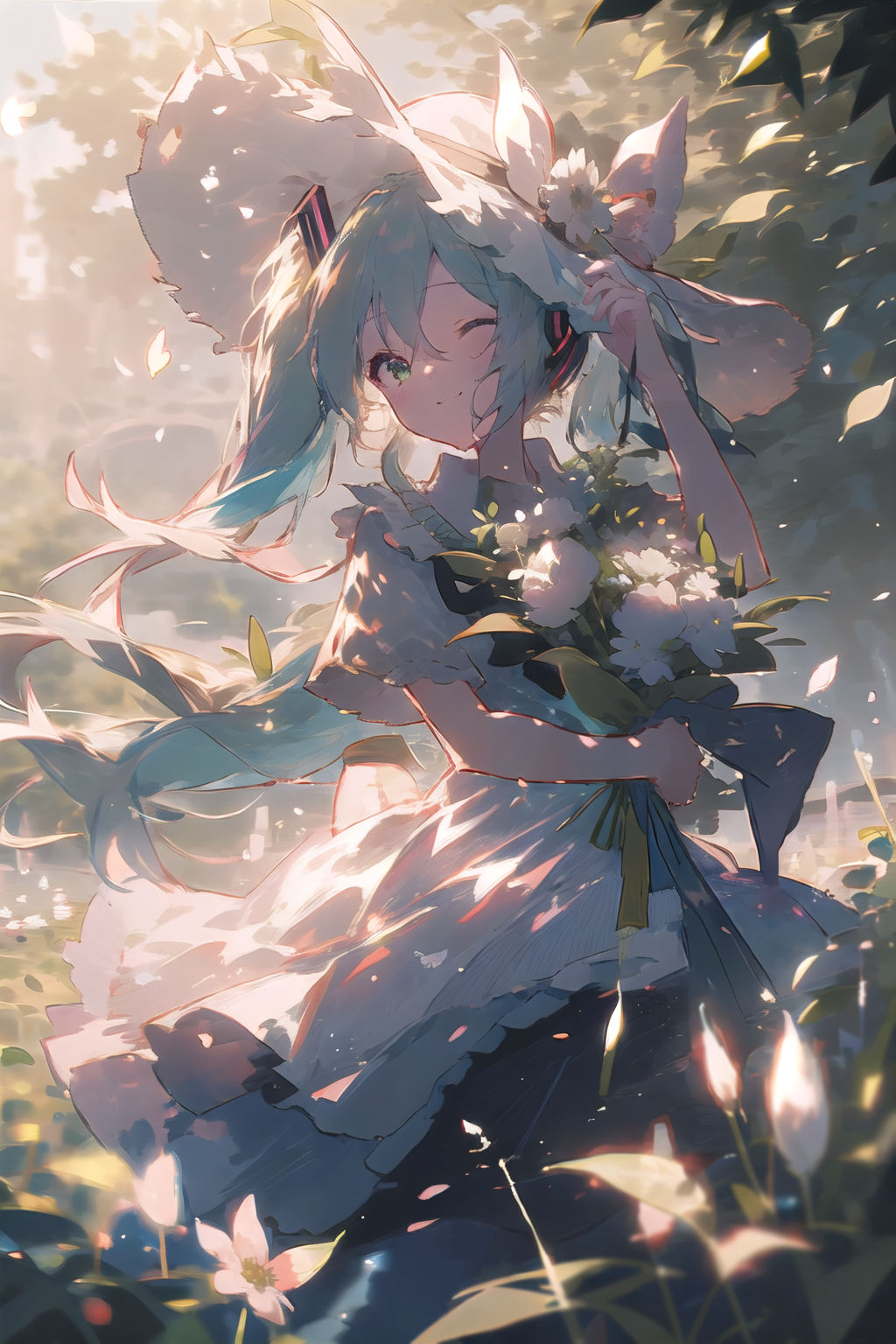 1girl, ai-assisted, aqua_hair, b74, backlighting, blurry, blurry_background, blurry_foreground