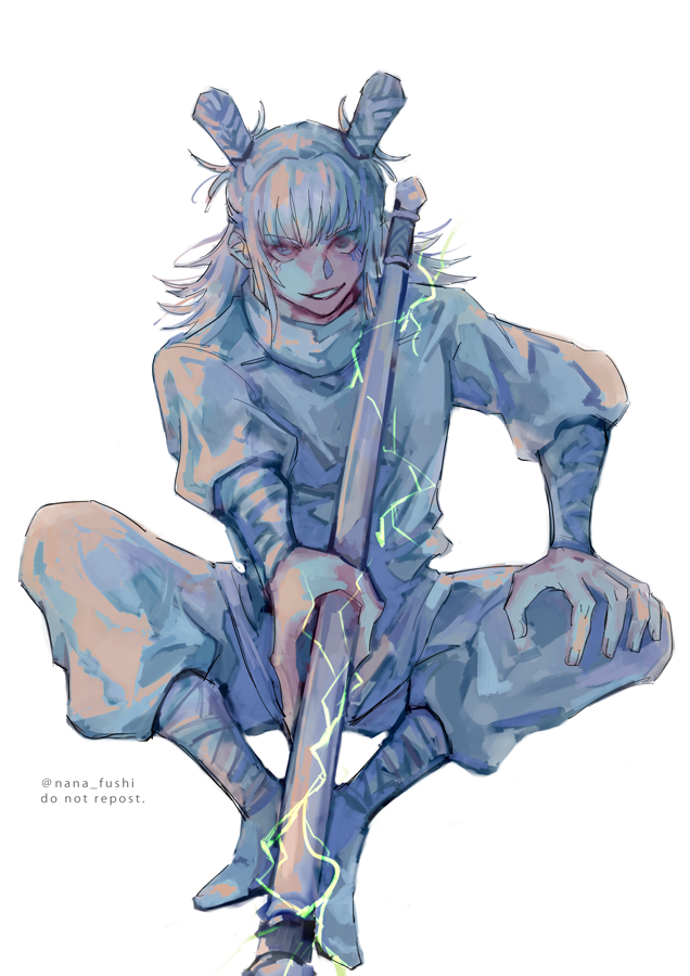 1boy, artist_name, bandaged_arm, bandaged_leg, bandages, crushnine, double_bun, electricity