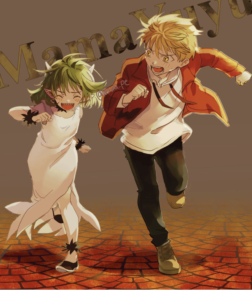 1girl, blonde_hair, closed_eyes, corleo_(mamayuyu), demon, demon_girl, demon_horns, dress