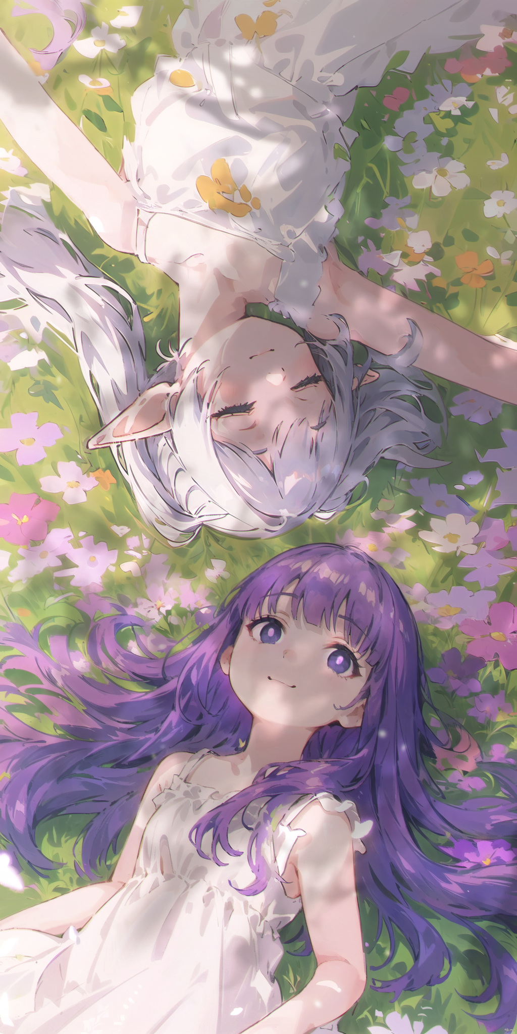2girls, :3, ai-assisted, b74, bare_arms, bare_shoulders, blunt_bangs, blush, bright_pupils, child, chinese_commentary, closed_eyes, closed_mouth, collarbone, commentary_request, daisy, day, dress, elf, english_commentary, fern_(sousou_no_frieren), field, flower, flower_field, flower_request, frieren, from_above, grass, grey_hair, highres, long_hair, looking_at_viewer, lying, mixed-language_commentary, multiple_girls, on_back, on_grass, on_ground, orange_flower, outdoors, parted_lips, pink_flower, plant, pointy_ears, purple_flower, purple_hair, sleeping, sleeveless, sleeveless_dress, smile, sousou_no_frieren, sundress, sunlight, twintails, very_long_hair, violet_eyes, white_dress, white_flower, white_hair, white_pupils