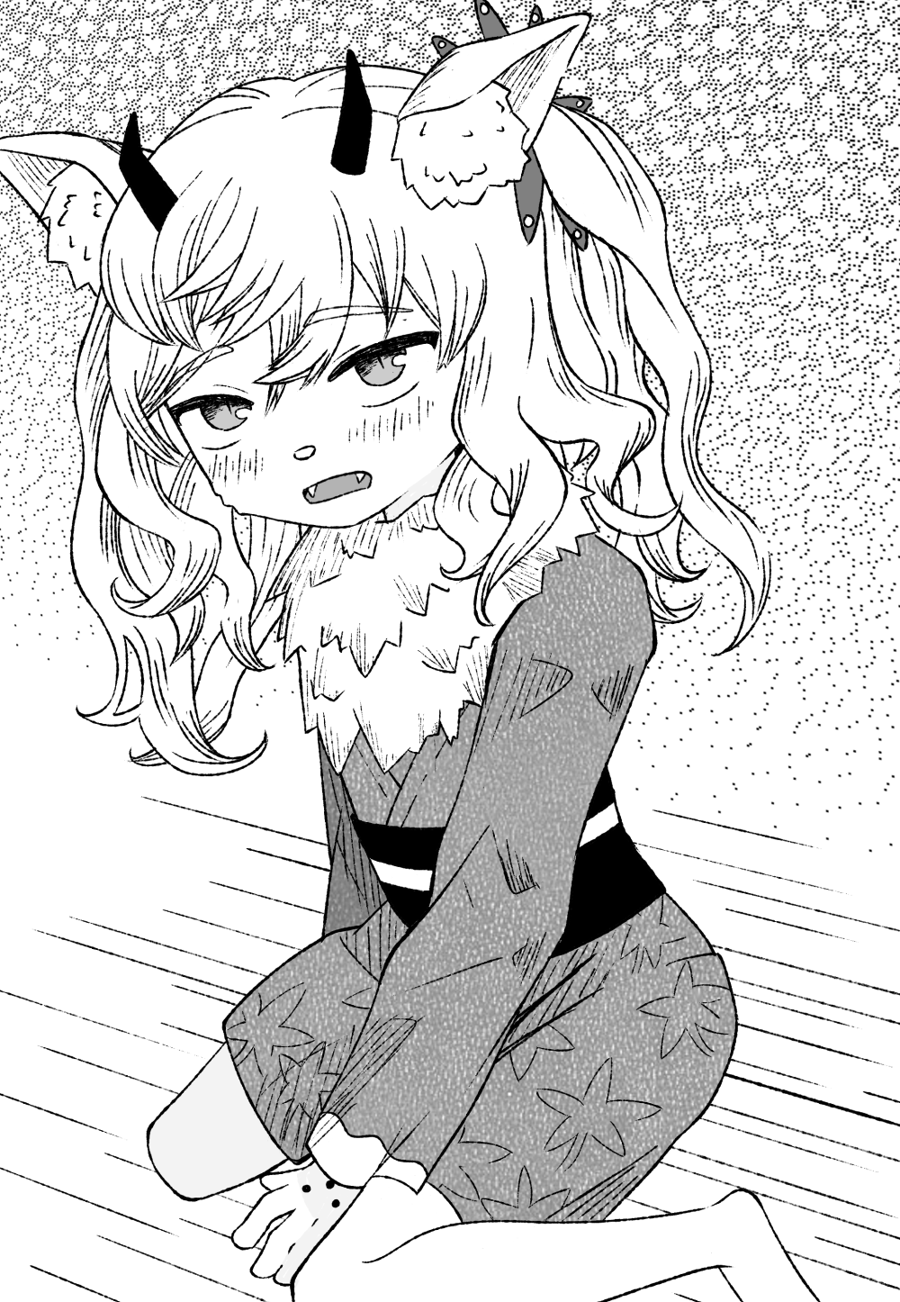 animal_ears, demon_girl, demon_horns, dog_ears, dog_nose, furry, furry_female, greyscale